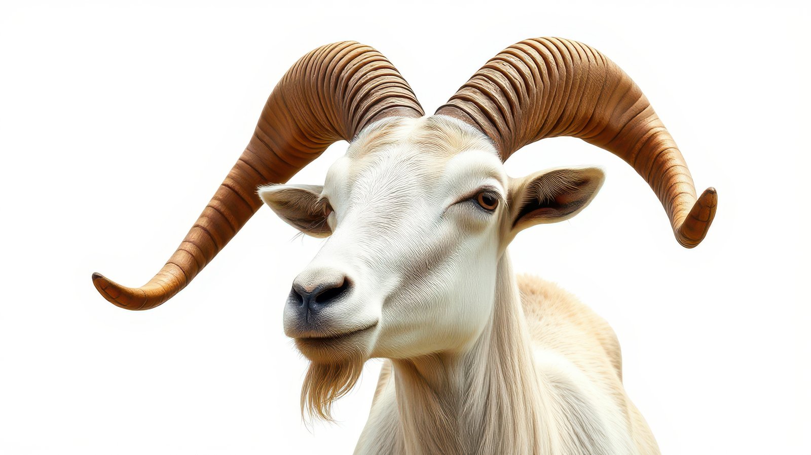 Curious goat with impressive curved horns posing against a plain background